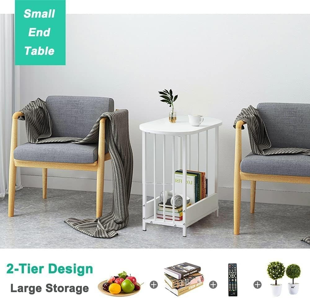 Slim White C-Shaped Side Table – Narrow Sofa Table with Metal Frame