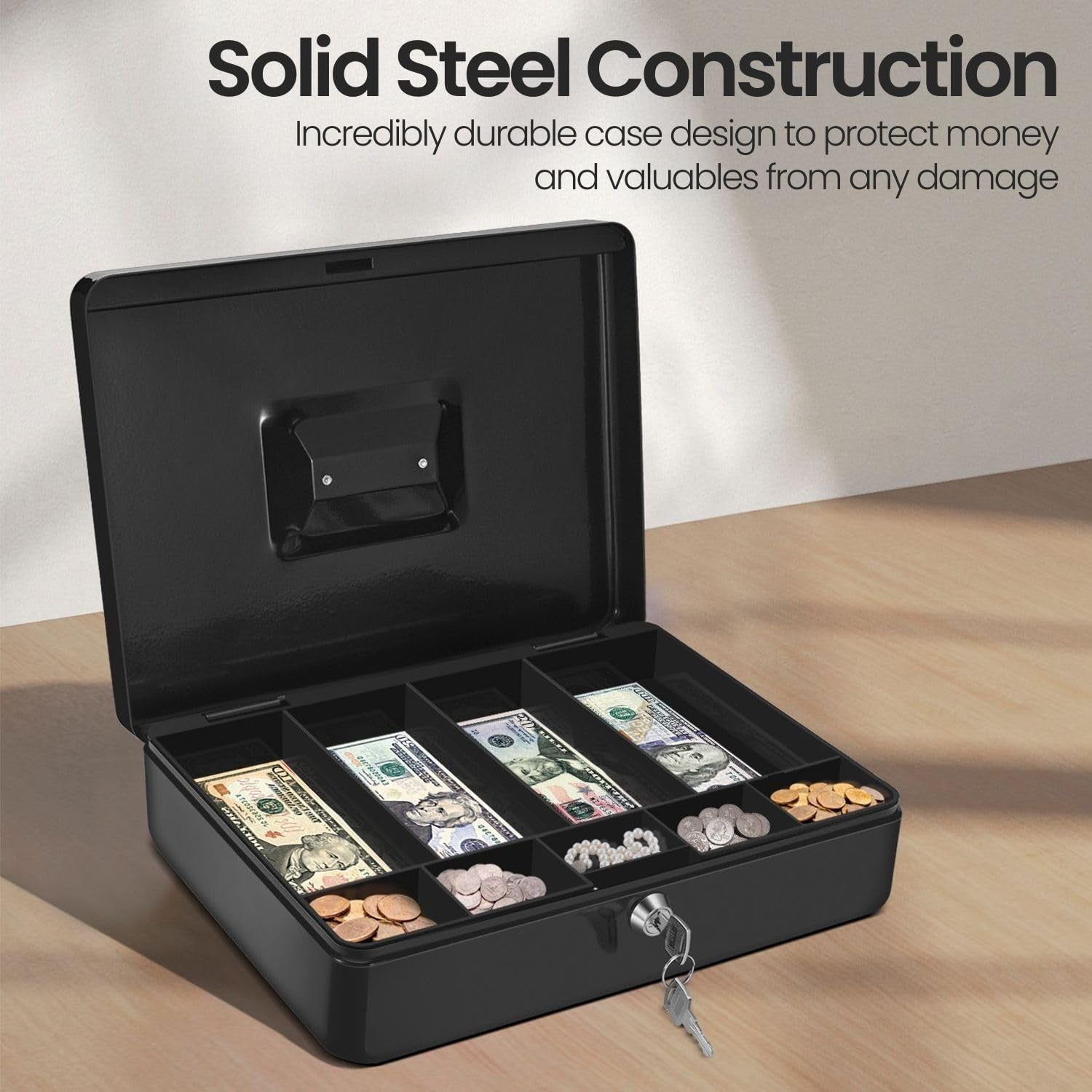 Locking Cash Box Money Tray Portable Coin Bill Storage Organizer