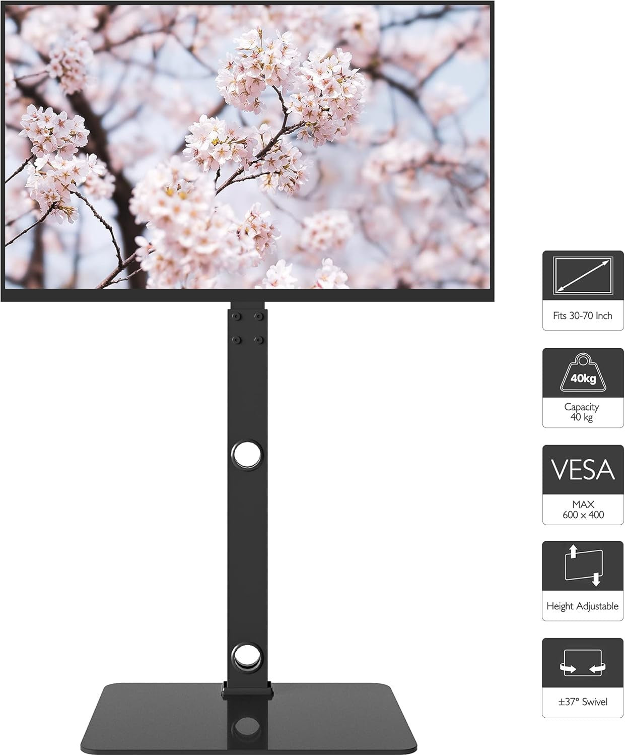 Adjustable Swivel TV Floor Stand 30-70" TVs, Tempered Glass Shelf, 40kg