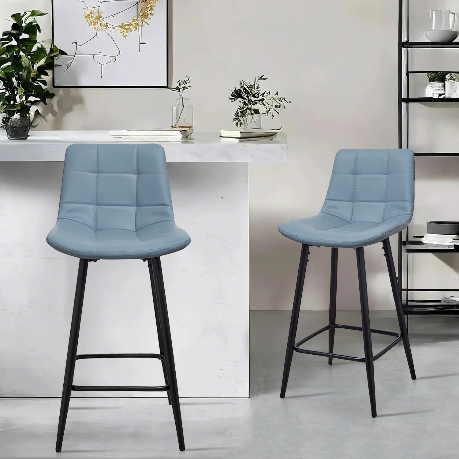 Blue PU Leather Bar Stool Set 2 – Modern Kitchen Counter Chairs