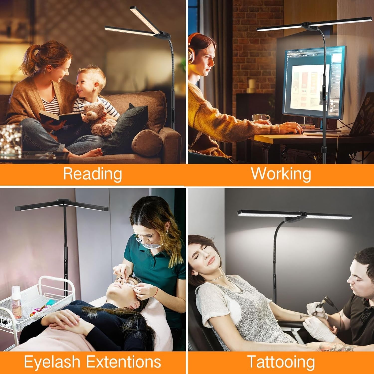 Double Head LED Floor Lamp Dimmable Remote Touch Adjustable Reading Light