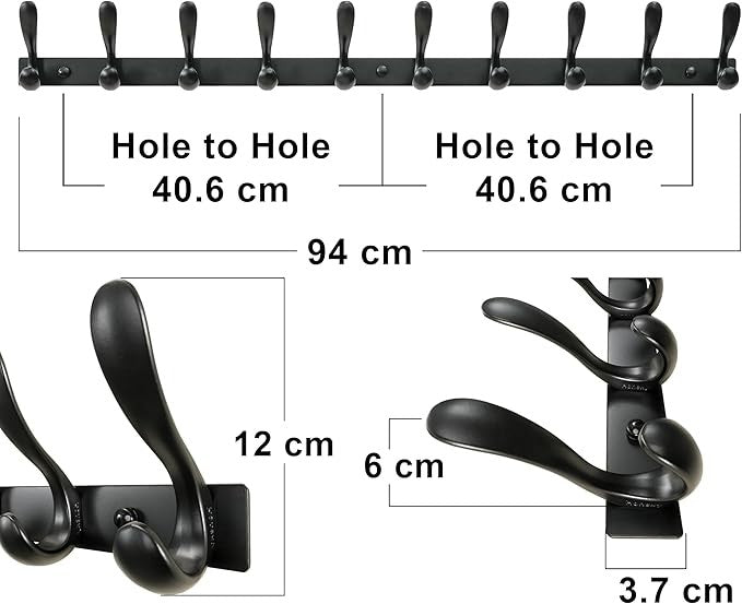 Black Wall Mounted Coat Rack 94cm | 10 Heavy Duty Metal Double Hooks for Coats