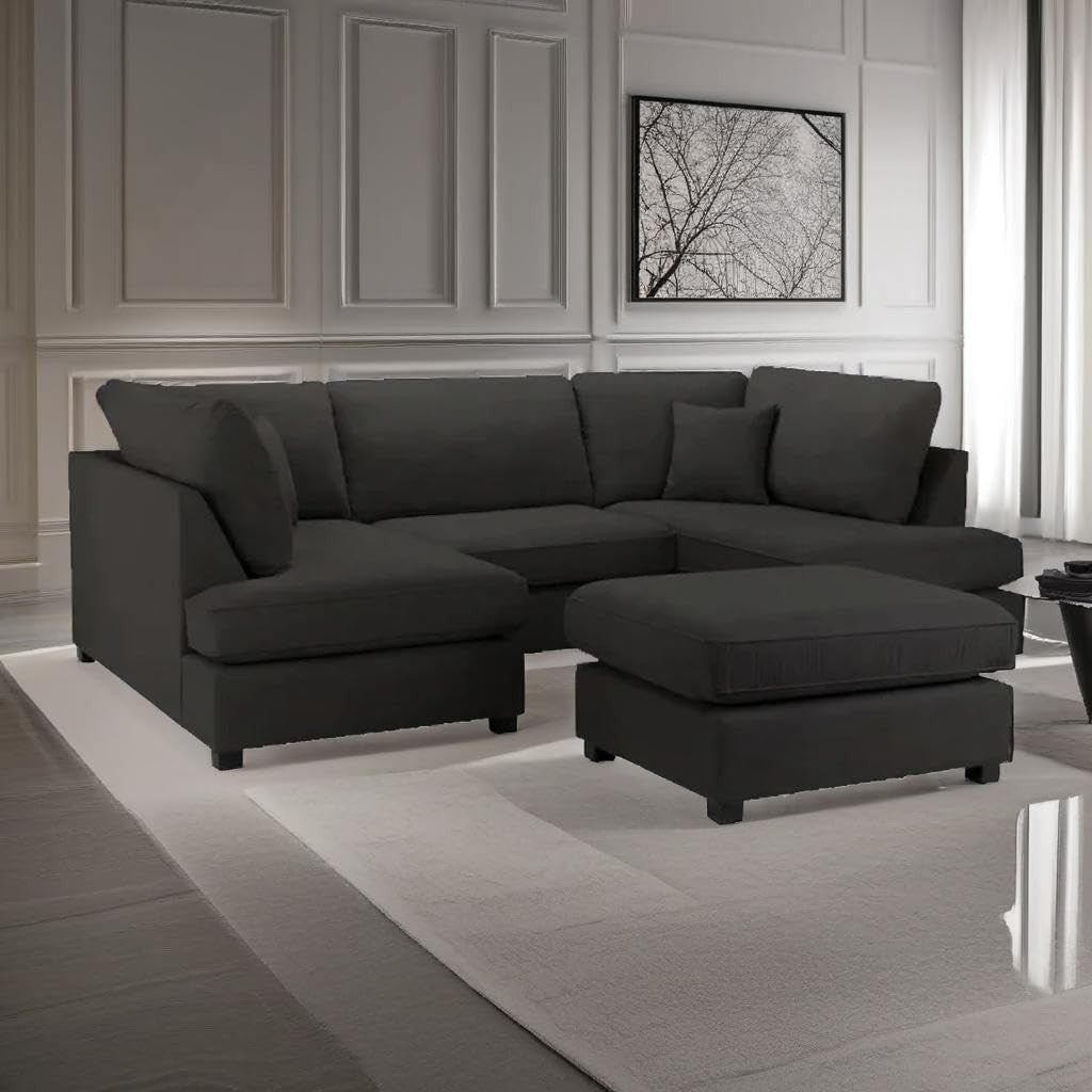 4PC U Shape Sofa with Footstool – Black Lenin Sectional – 5/6 Seater Modular