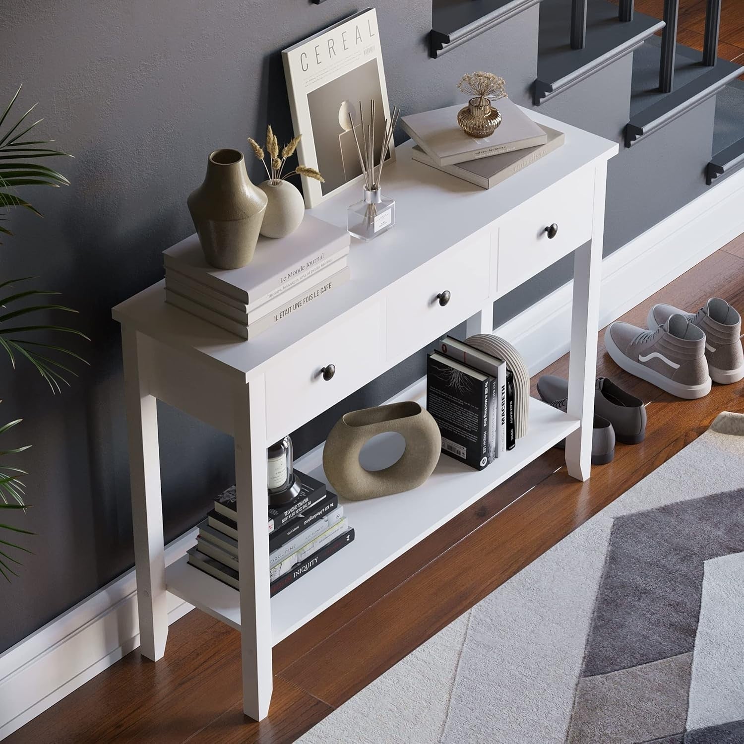 White Hallway Console Table 3 Drawer Storage Shelf Modern Slim Entryway