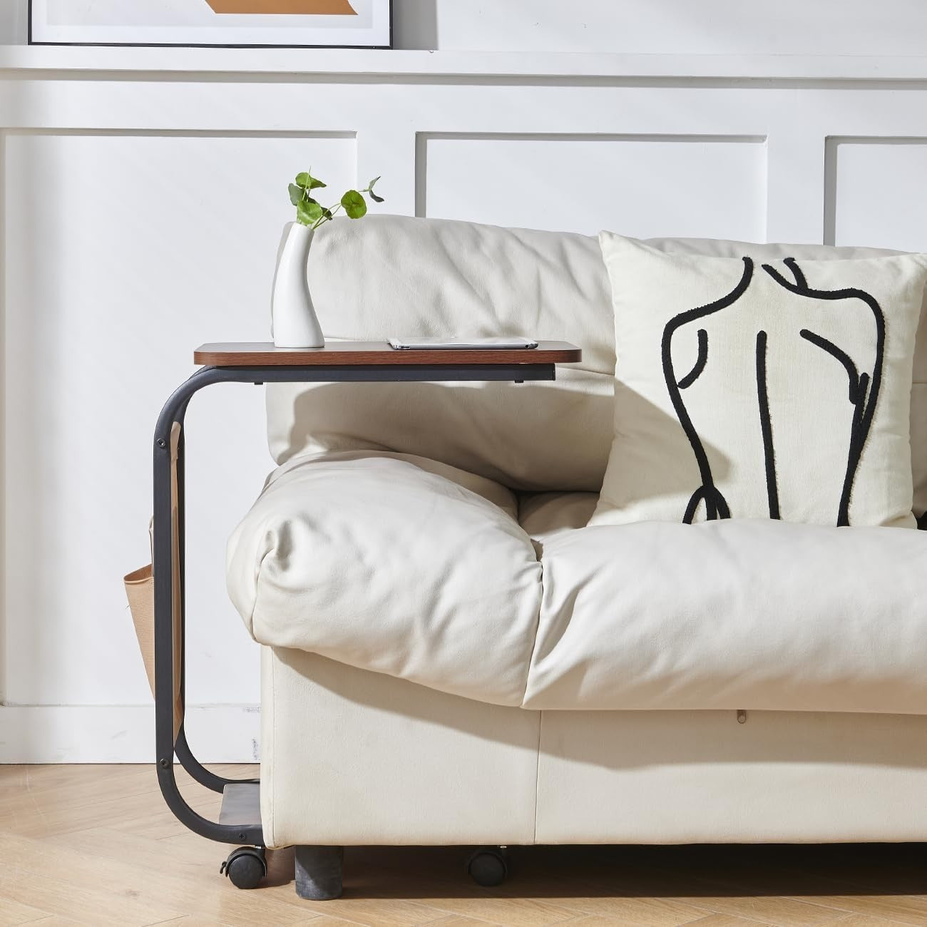 Mobile Brown C-Shaped Side Table with Wheels & Storage Basket for Sofa