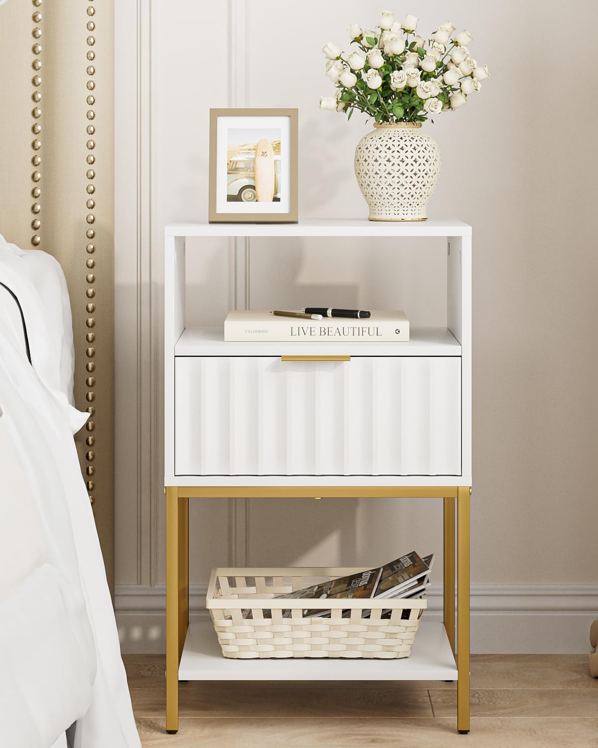 White Bedside Table with Gold Frame – Modern 3-Tier Storage Side Table