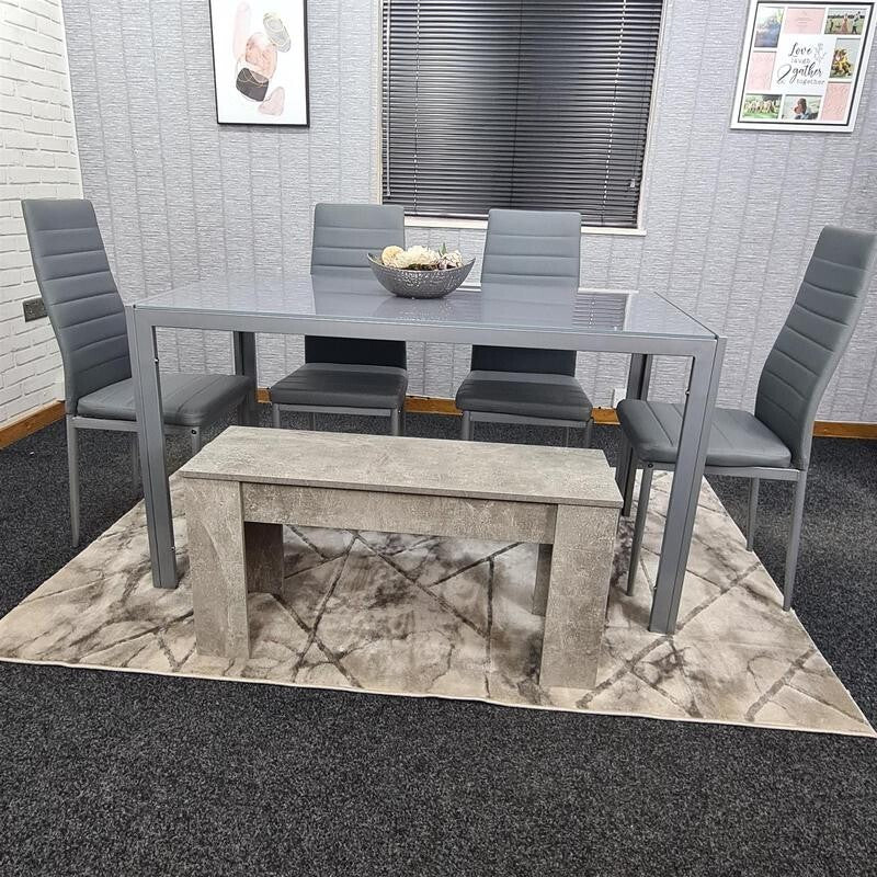 Grey Glass Dining Table Set 6 Seater with 4 Chairs & Bench for Kitchen