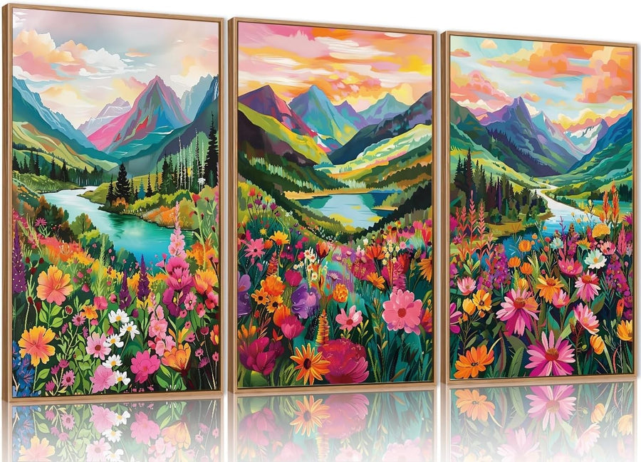 Wildflower Framed Canvas Wall Art Set 3 Colorful Mountain Floral Decor