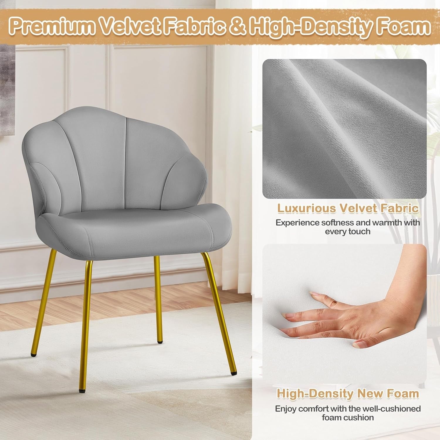 Light Grey Velvet Accent Chair Shell Back Vanity Chair