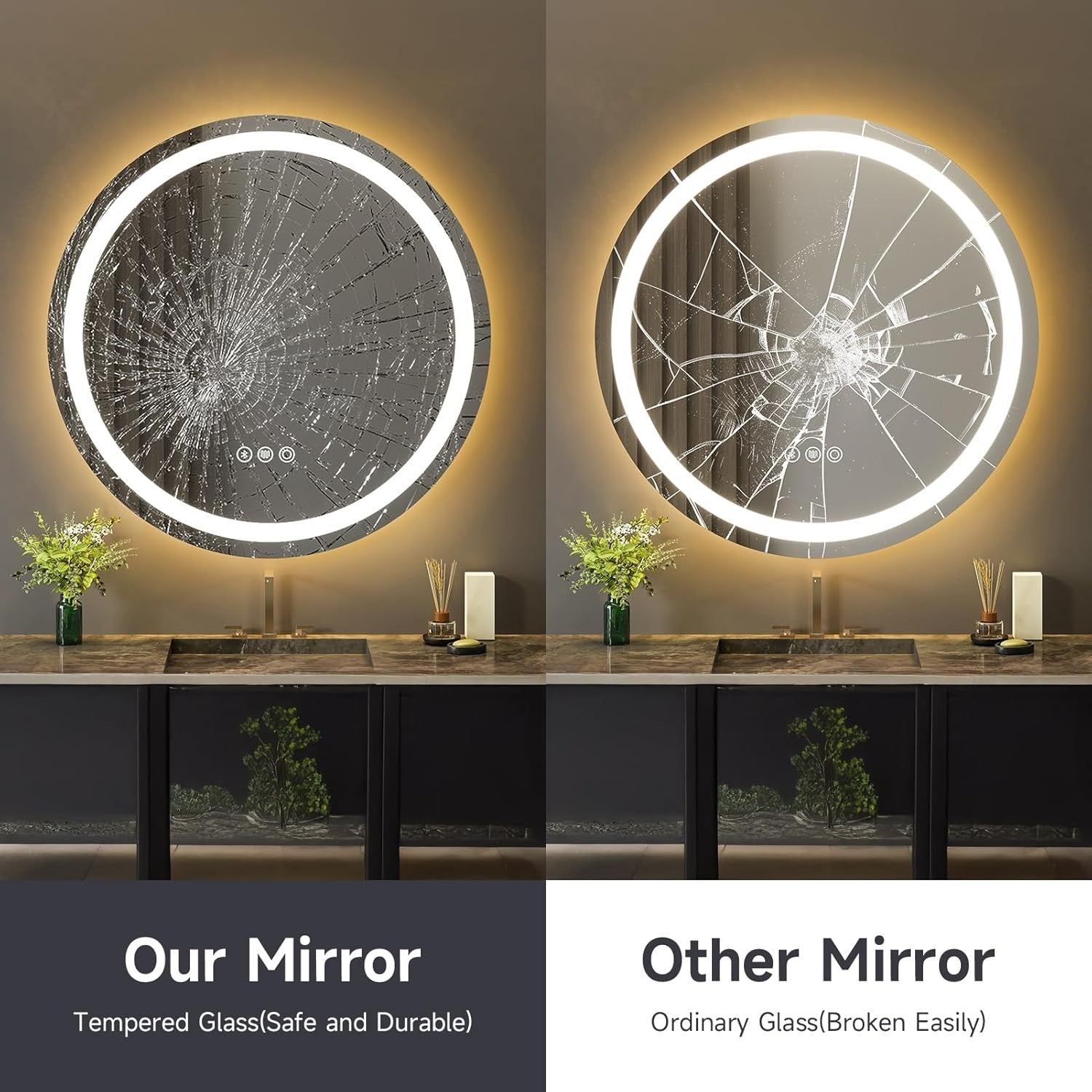 LED Bathroom Mirror 50cm Round with Bluetooth Speaker Anti-Fog Touch Light