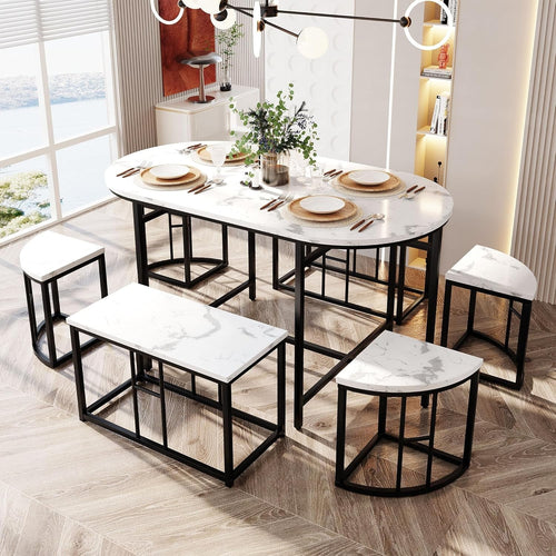 Modern 6-Seater Dining Table Set with Marble Effect Top & Cushioned Chairs
