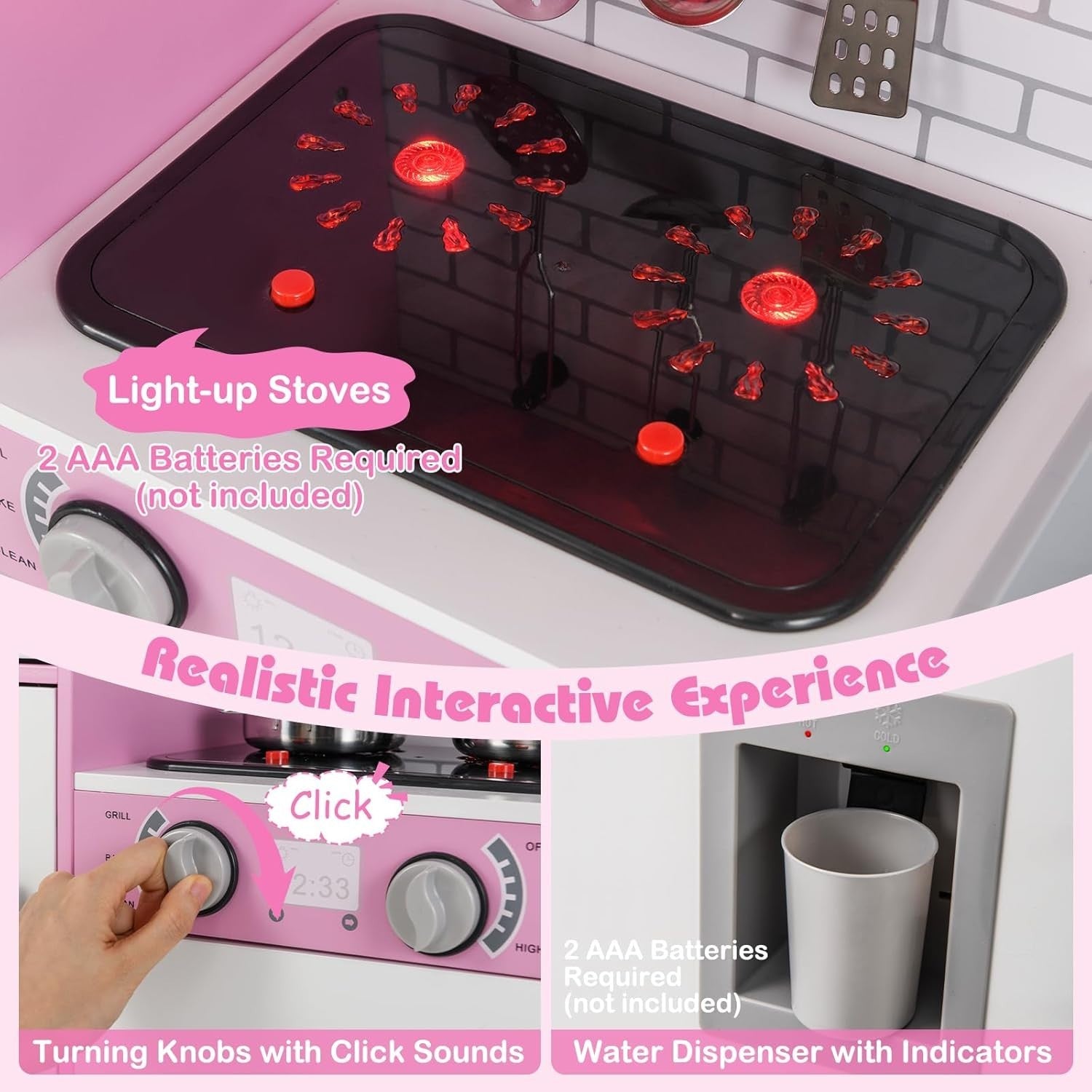 Kids Wooden Play Kitchen Lights Sounds Washing Machine Pink Toy