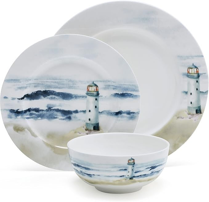 12pc Bone China Dinnerware Set Coastal Plates Bowls Lightweight Service for 4