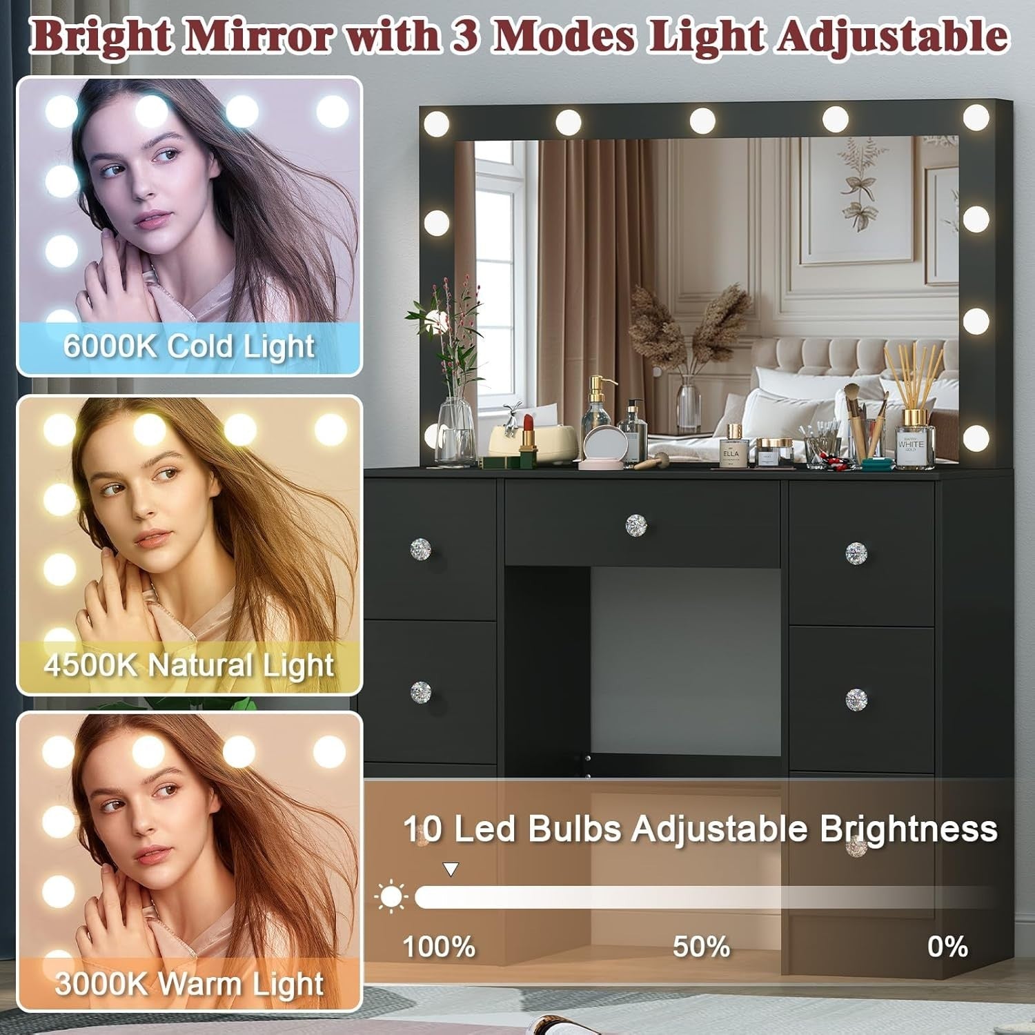 Modern Vanity Dressing Table LED Lighted Mirror 7 Drawer Desk Makeup White (77/7