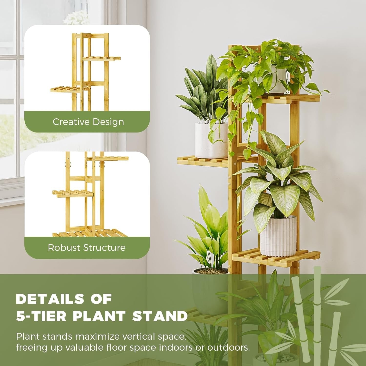 5 Tier Bamboo Plant Stand | Tall Corner Flower Shelf Indoor Outdoor Display Rack