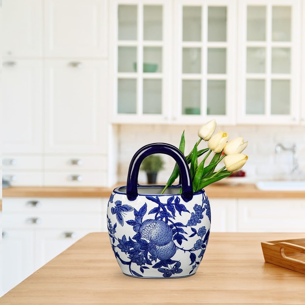 Blue White Ceramic Flower Vase Handbag Style Chinoiserie Table Decor 27cm