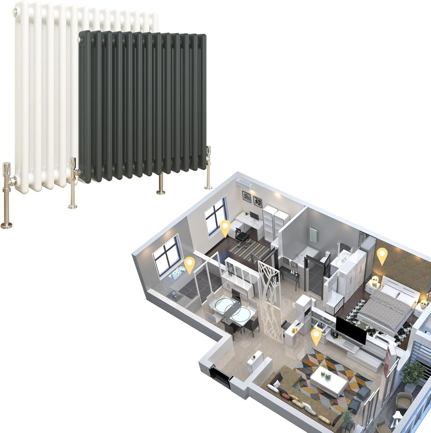 600x830mm Anthracite 3 Column Cast Iron Style Radiator Central Heating