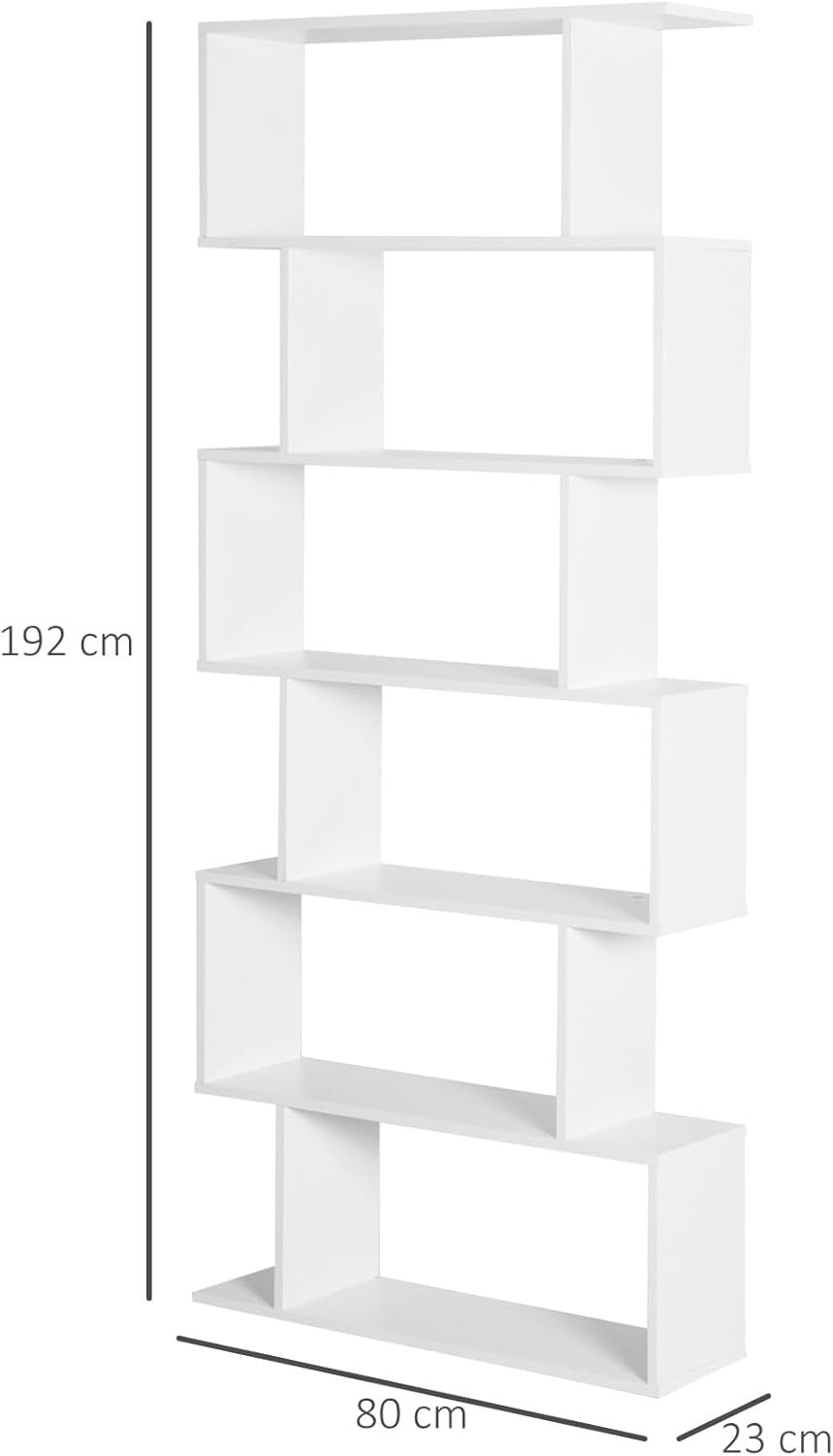 White S-Shape 6-Tier Bookcase Modern Display Shelf Room Divider Storage Unit