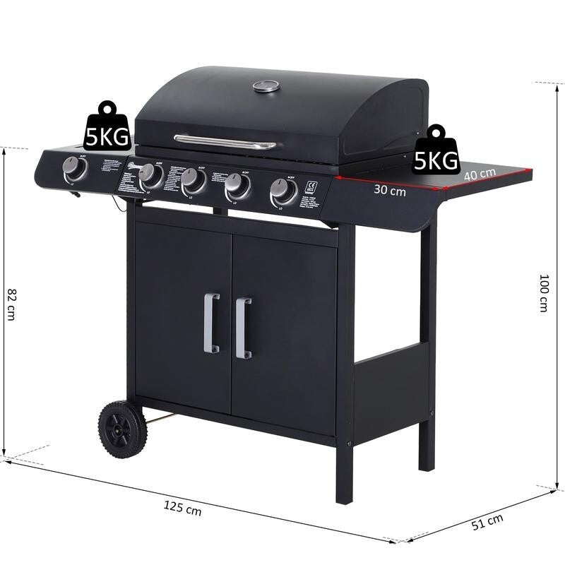 4+1 Gas BBQ Grill w/ Side Burner, Smoker Lid, Storage Cabinet & Wheels