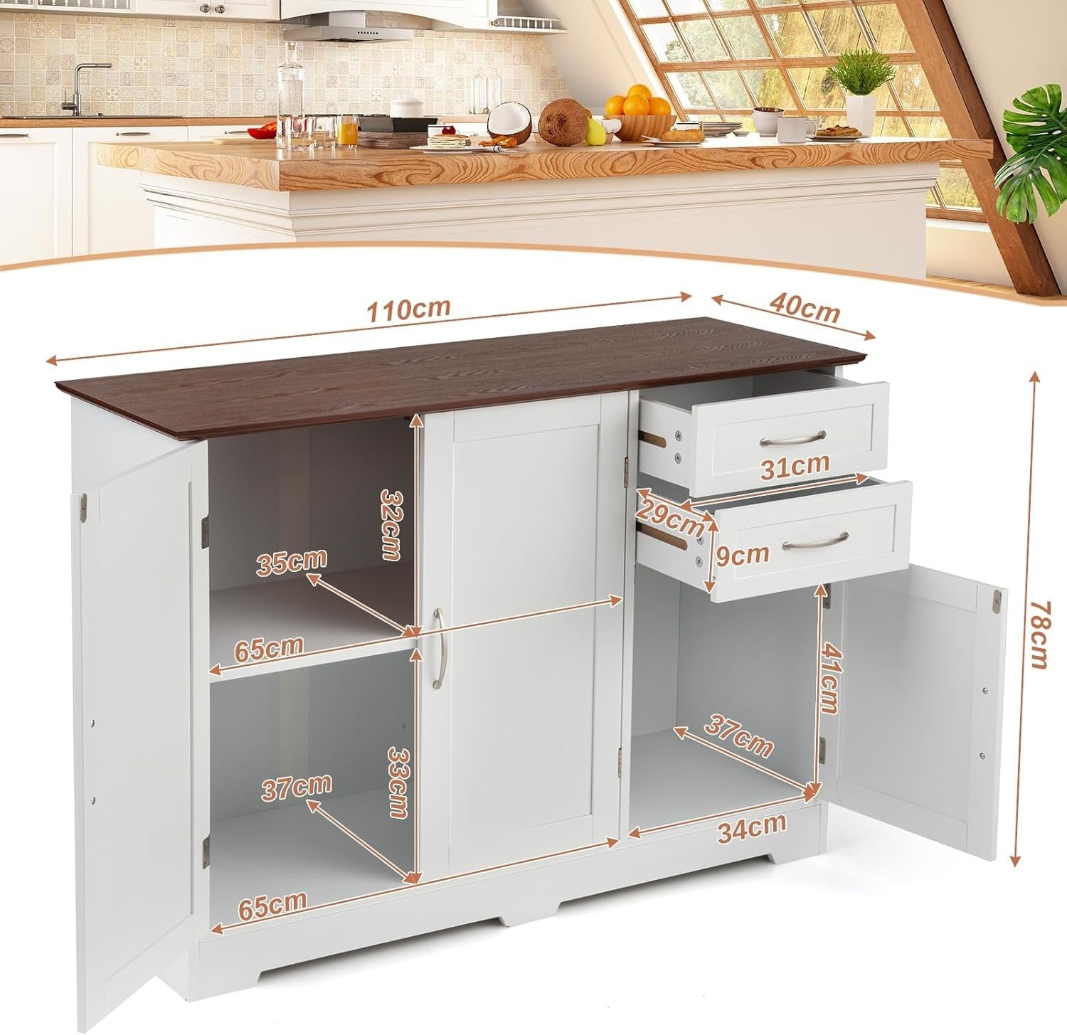 White Red Kitchen Sideboard Cabinet 2 Door 2 Drawer Adjustable Shelf