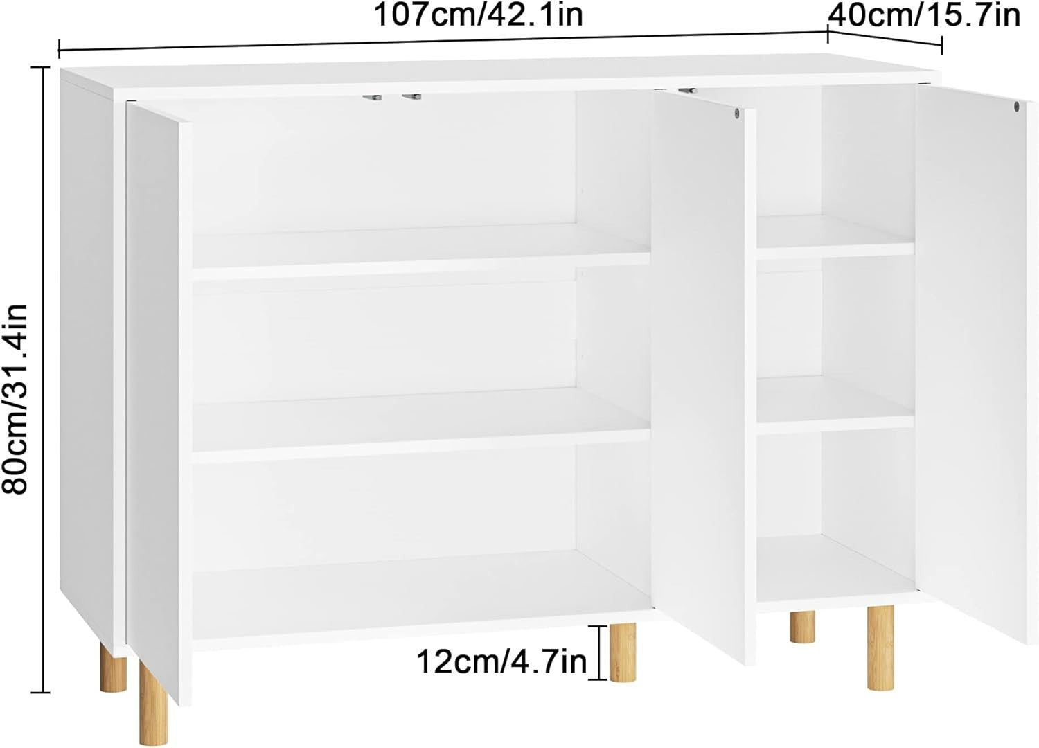 White Sideboard Cabinet 3 Door Storage Unit Adjustable Shelves 107cm Wide