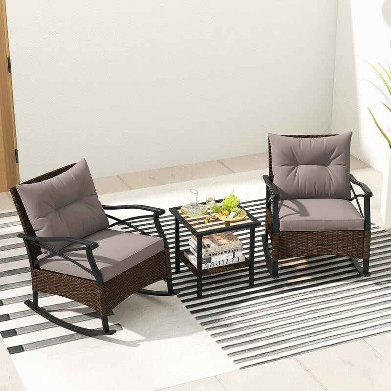 3PC Rattan Rocking Chair Set with Cushions & Glass Table for Garden Patio