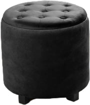 Black Matte Velvet Button-Top Storage Ottoman Round Dressing Table Stool