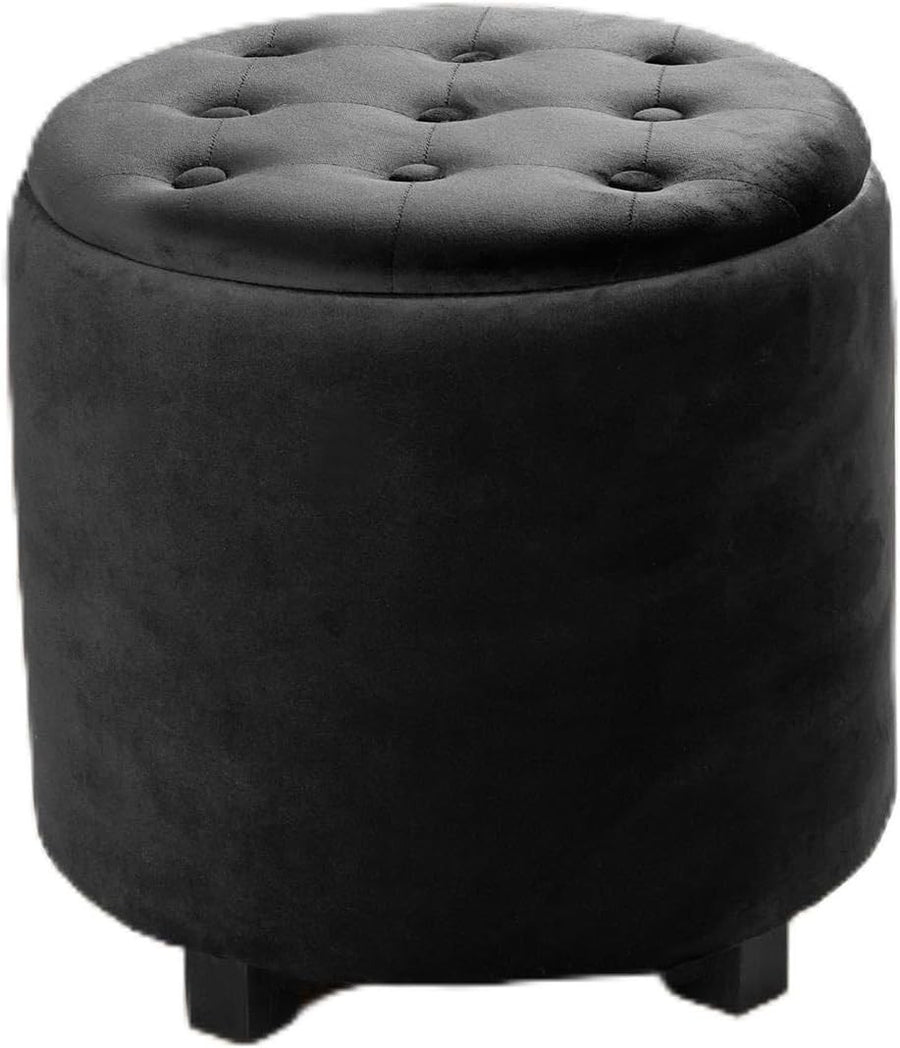 Black Matte Velvet Button-Top Storage Ottoman Round Dressing Table Stool