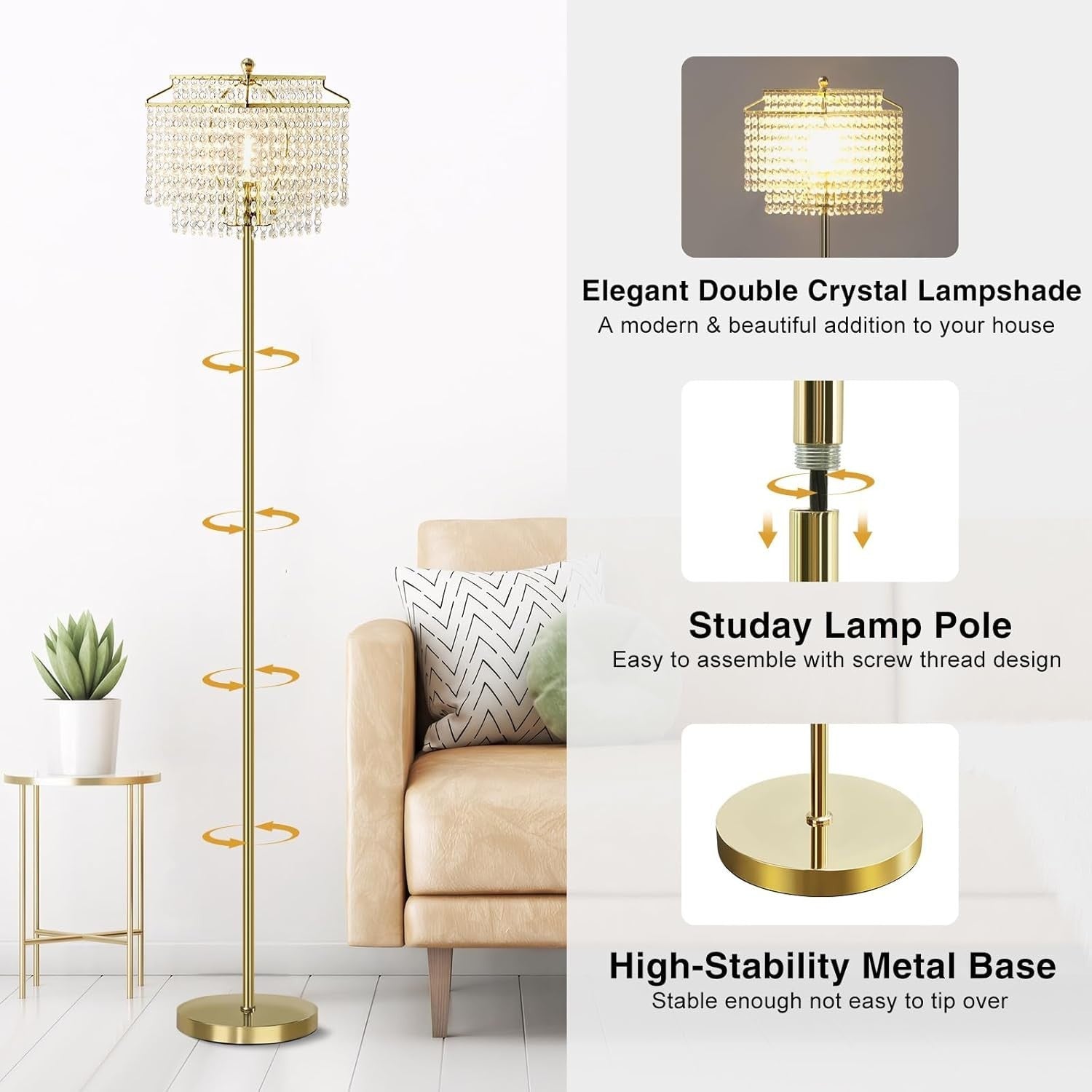Crystal Floor Lamp with Tall Pole, Double Shade & Foot Switch E27 LED