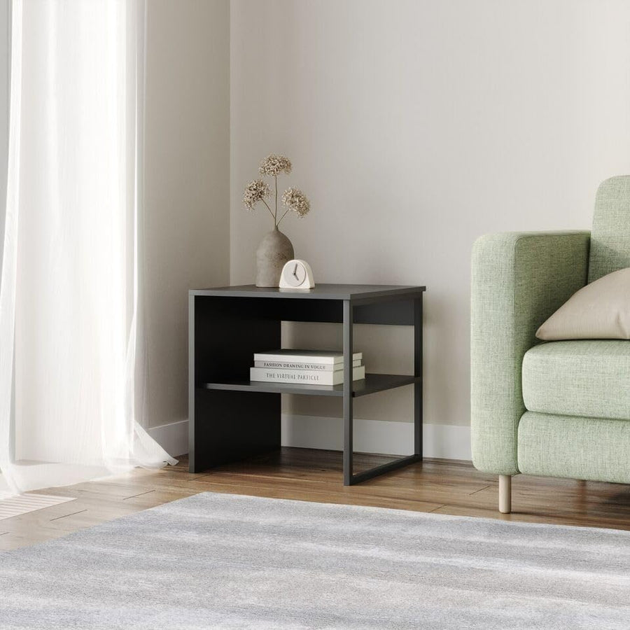 40cm Black Wood & Steel Side Table – Sofa or Bedside Use with Open Shelf