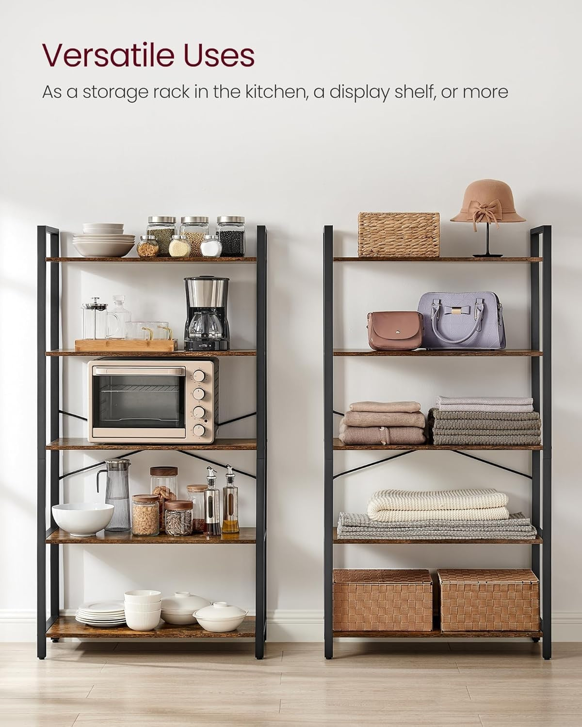 5-Tier Rustic Brown Industrial Bookcase – Tall Narrow Storage Shelf Unit