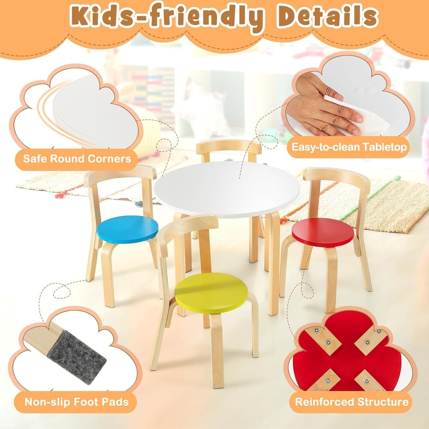 Kids Wooden Table & 4 Chairs Set Bright Colors Activity Desk for Playroom