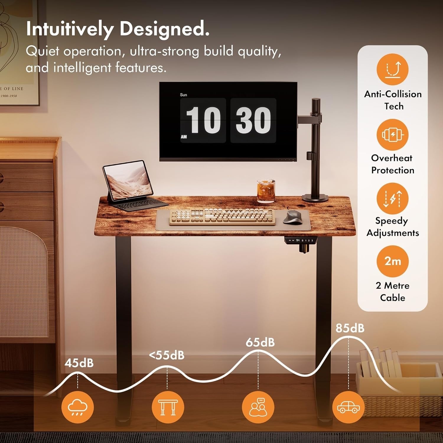 Rustic 100x60cm Electric Standing Desk with USB-C & Memory Control Panel