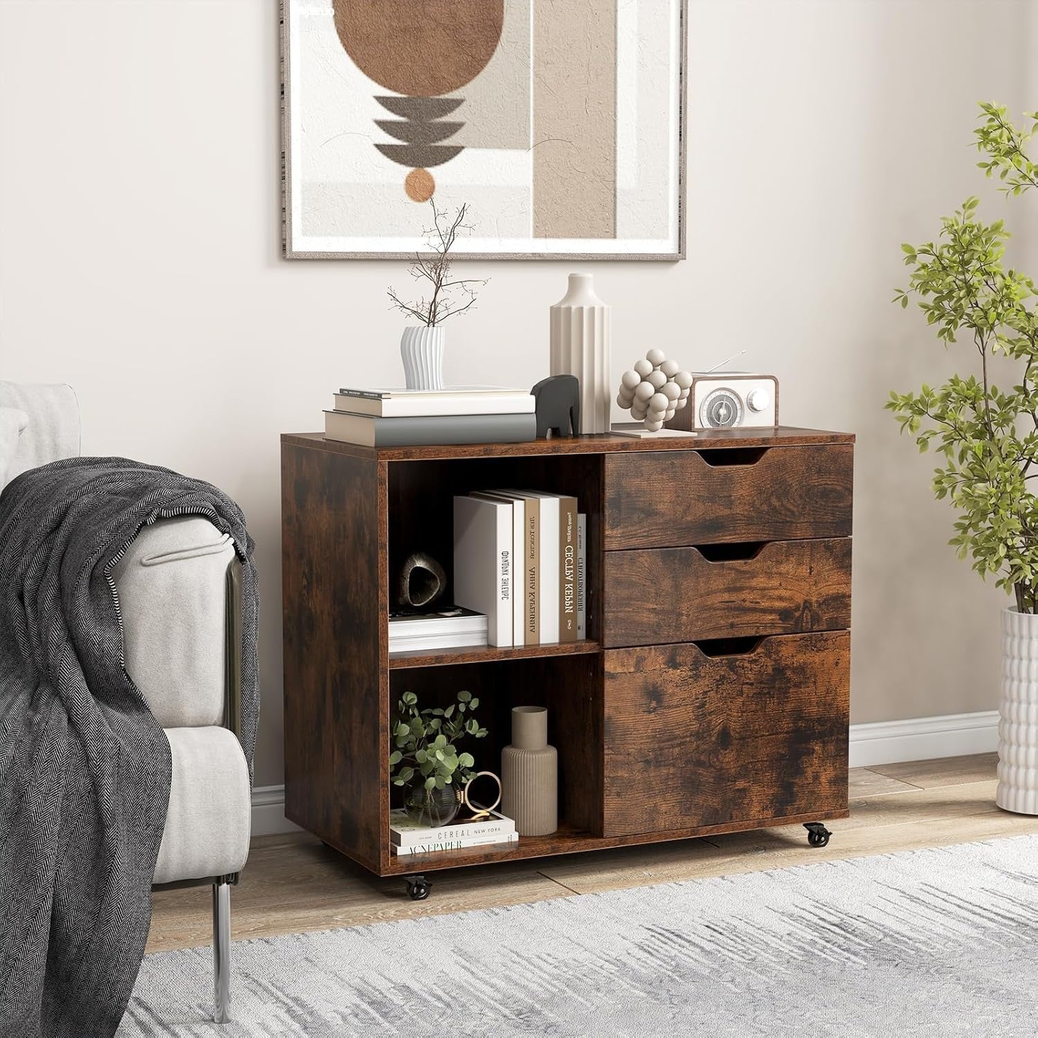 Brown Lateral Mobile Filing Cabinet 3 Drawer A4 Letter Printer