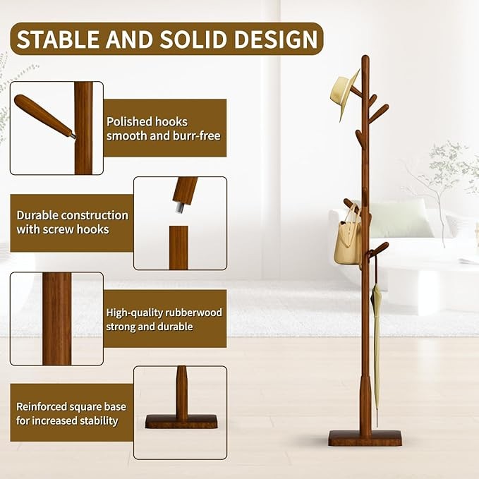 Brown Solid Wood Coat Rack 8 Hooks Square Base Freestanding Hall Stand