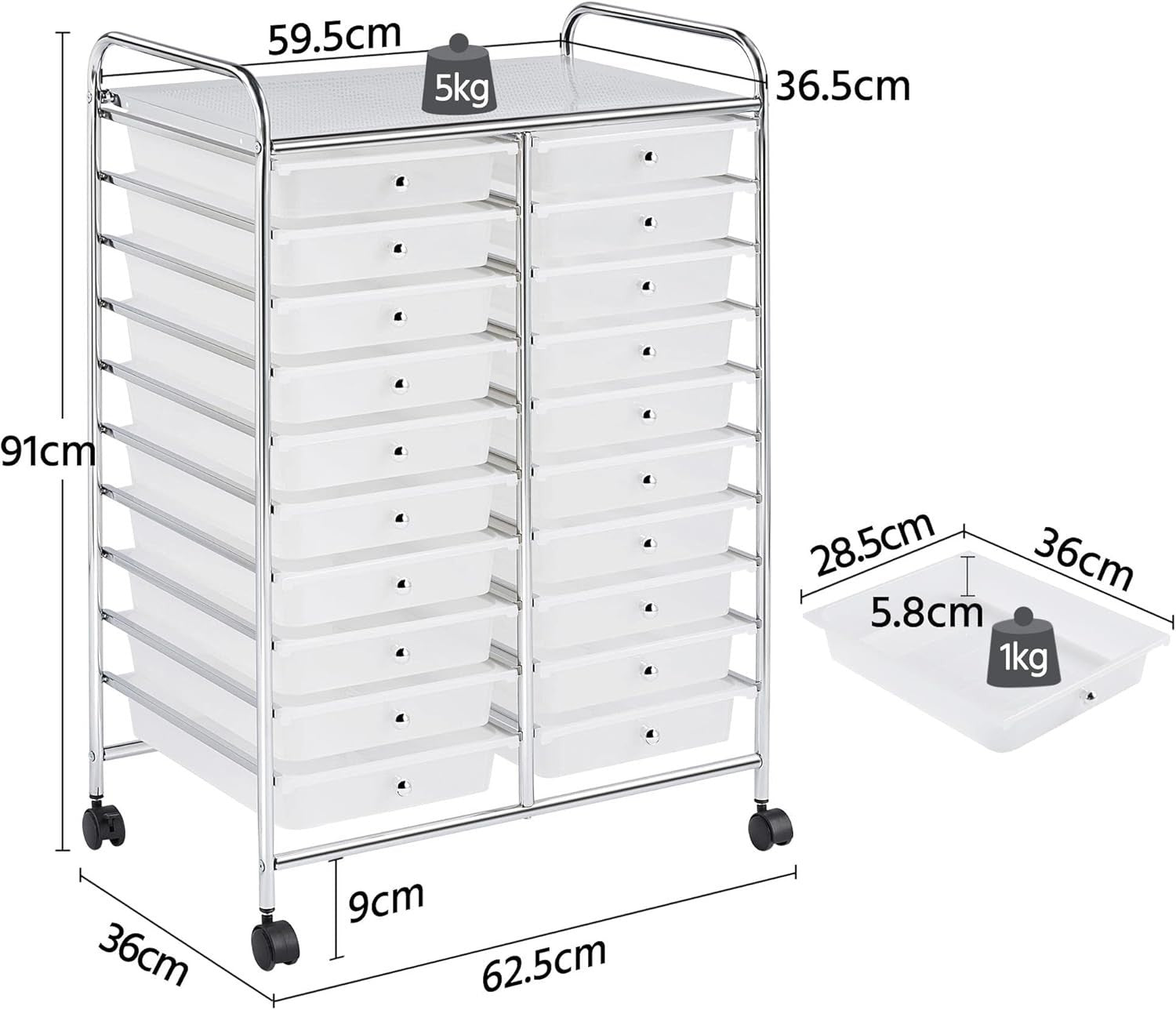 20 Drawer Rolling Storage Cart Mobile Organizer Trolley White Wheels
