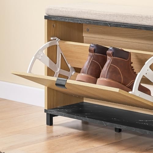Compact Shoe Storage Bench with Padded Seat – Flip-Drawer Entryway Rack