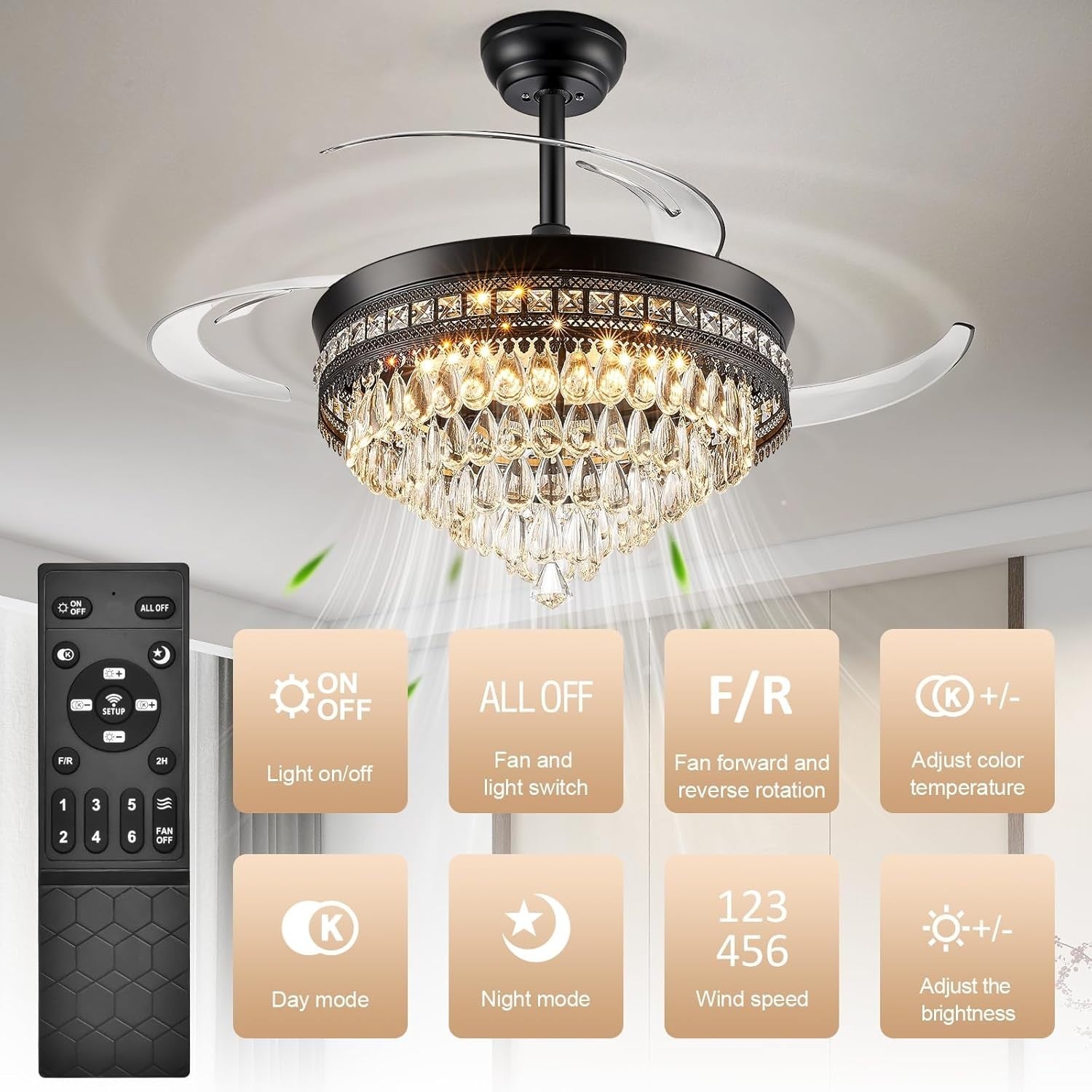 48" Chandelier Ceiling Fan with Light, Black, Retractable, LED, Remote