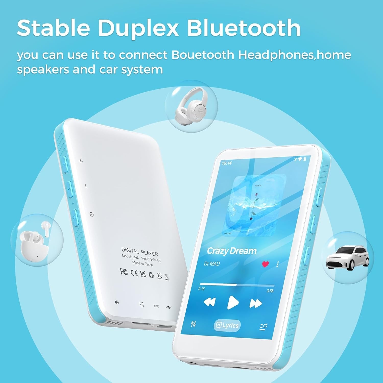 160GB MP3 Player Bluetooth WiFi 4" MP4 Music Player for Kids White