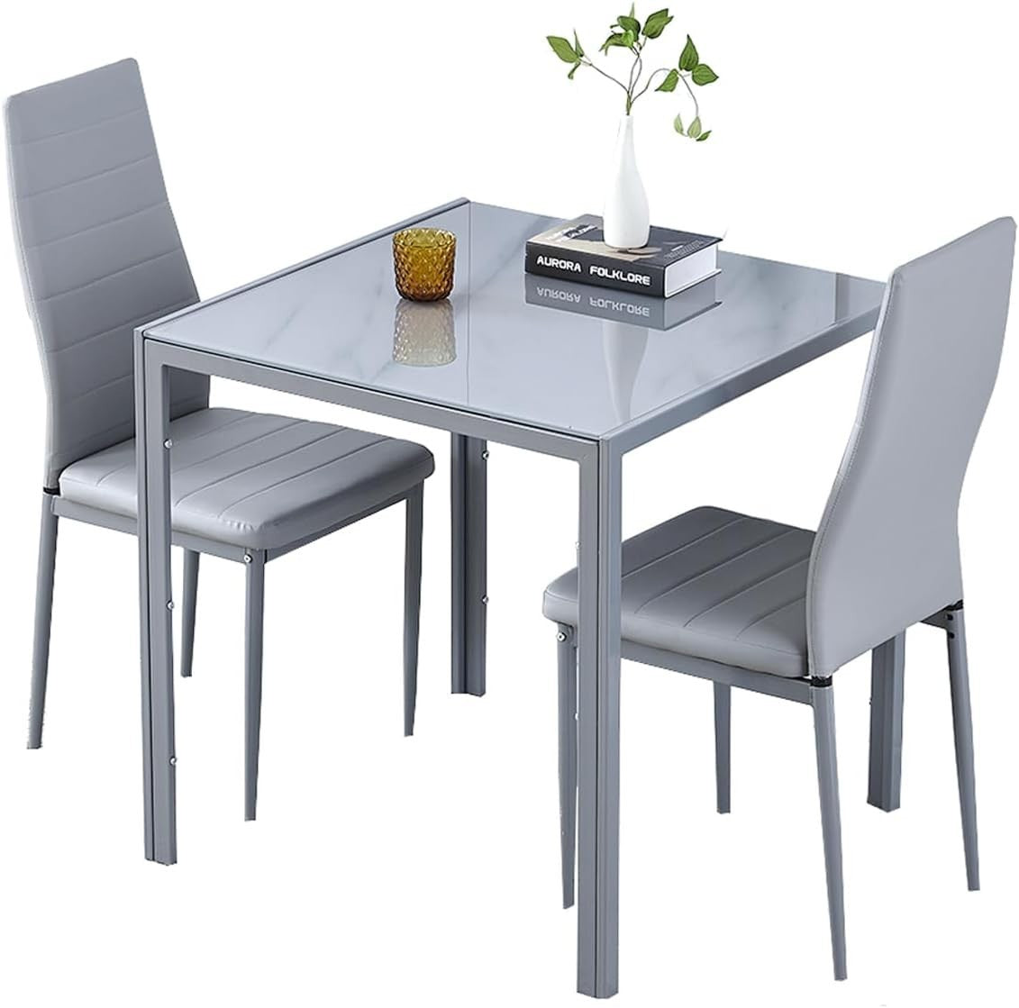 Square Glass Dining Table 75x75cm Grey Tempered Metal Legs Modern