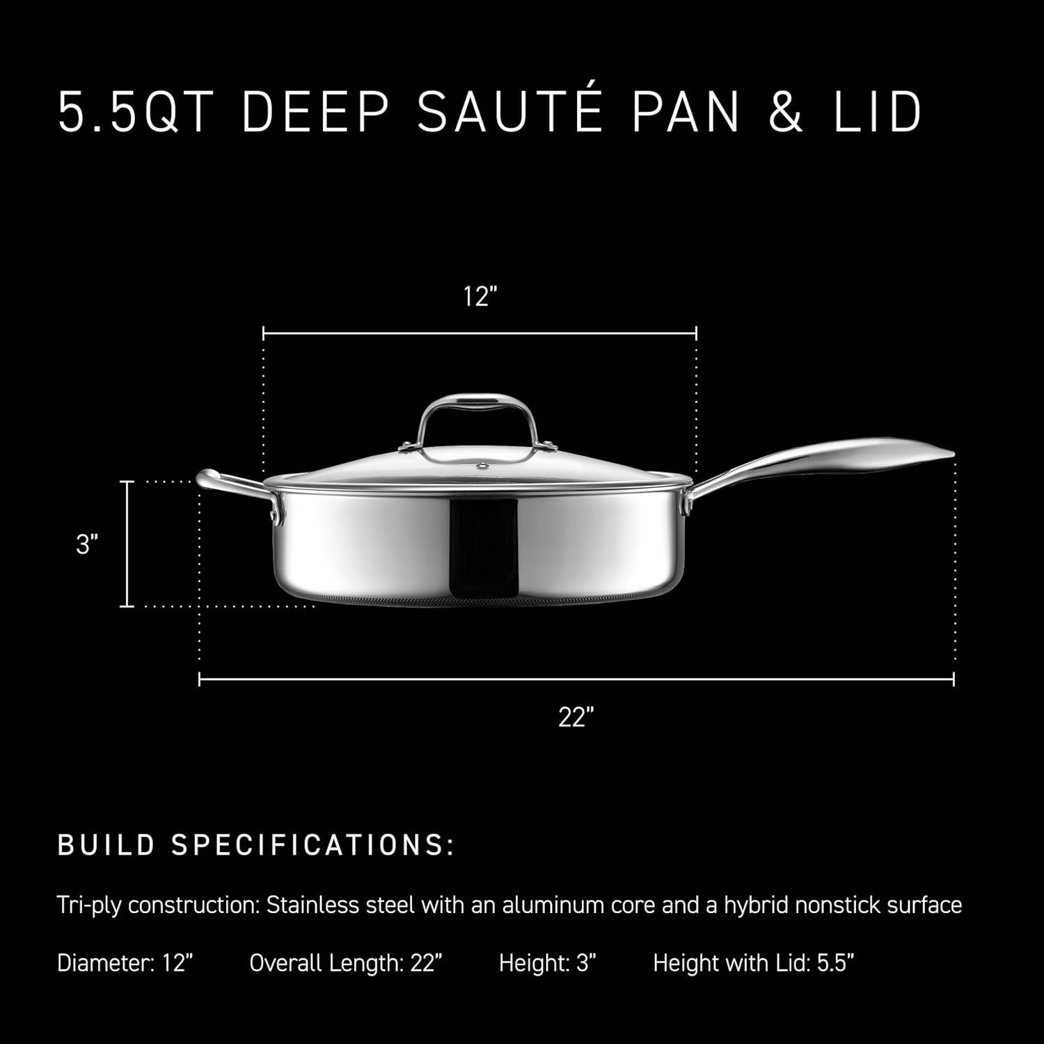 5.5L Deep Non Stick Sauté Pan with Lid – Induction & Oven Safe Stainless Steel