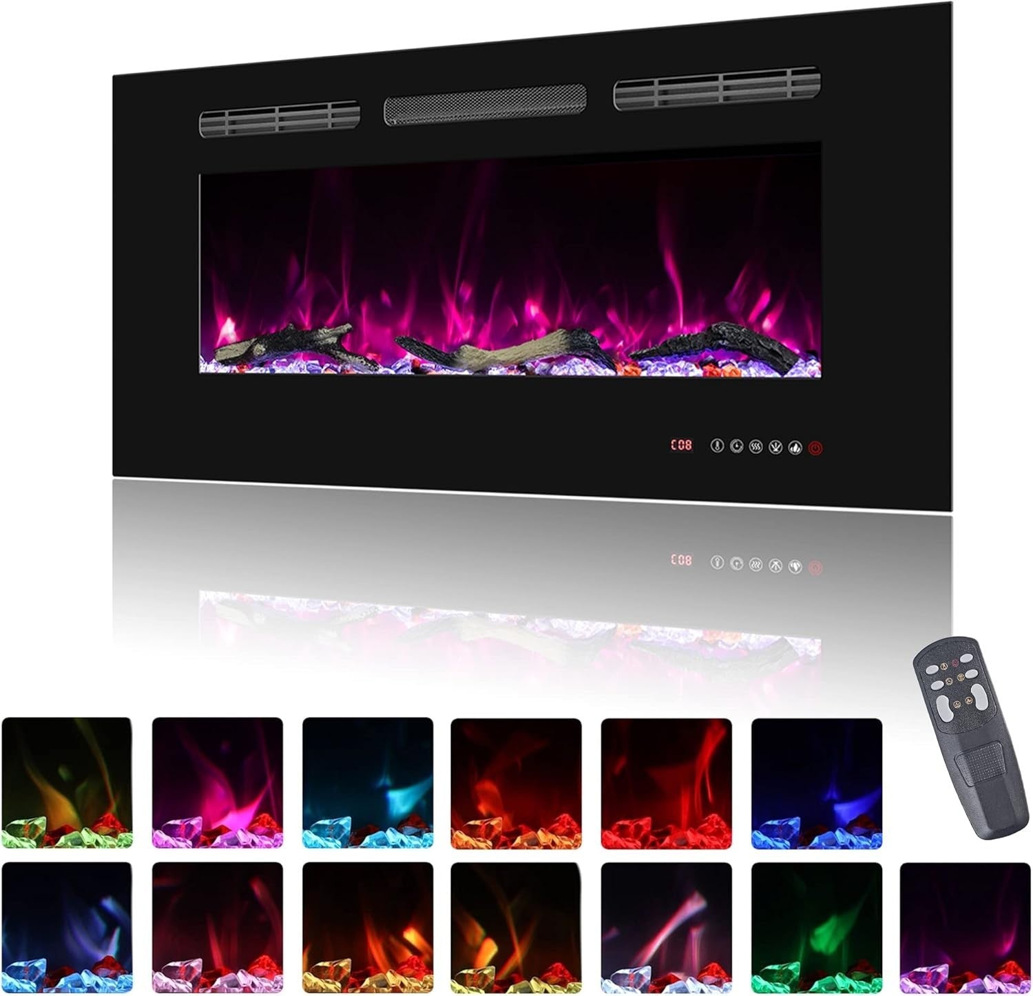Electric Wall Fireplace 36" Heater LED Flames Remote 1500W Timer Black
