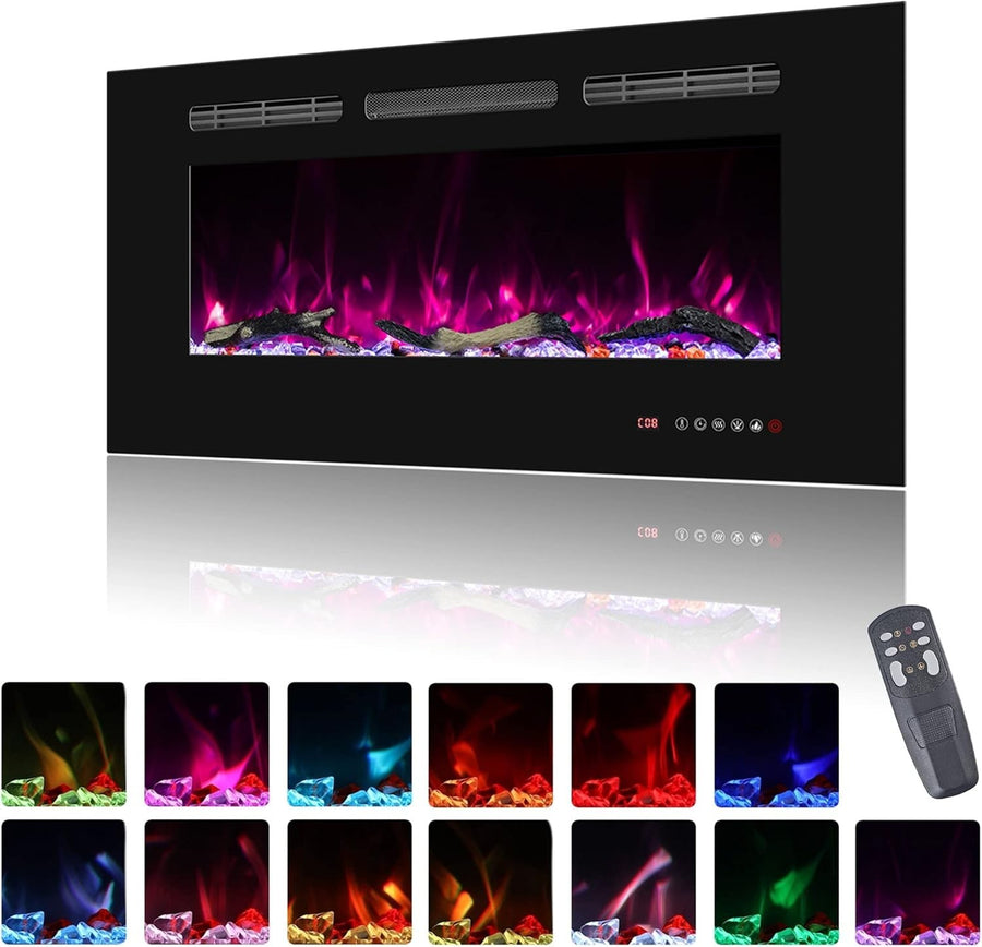 Electric Wall Fireplace 36" Heater LED Flames Remote 1500W Timer Black