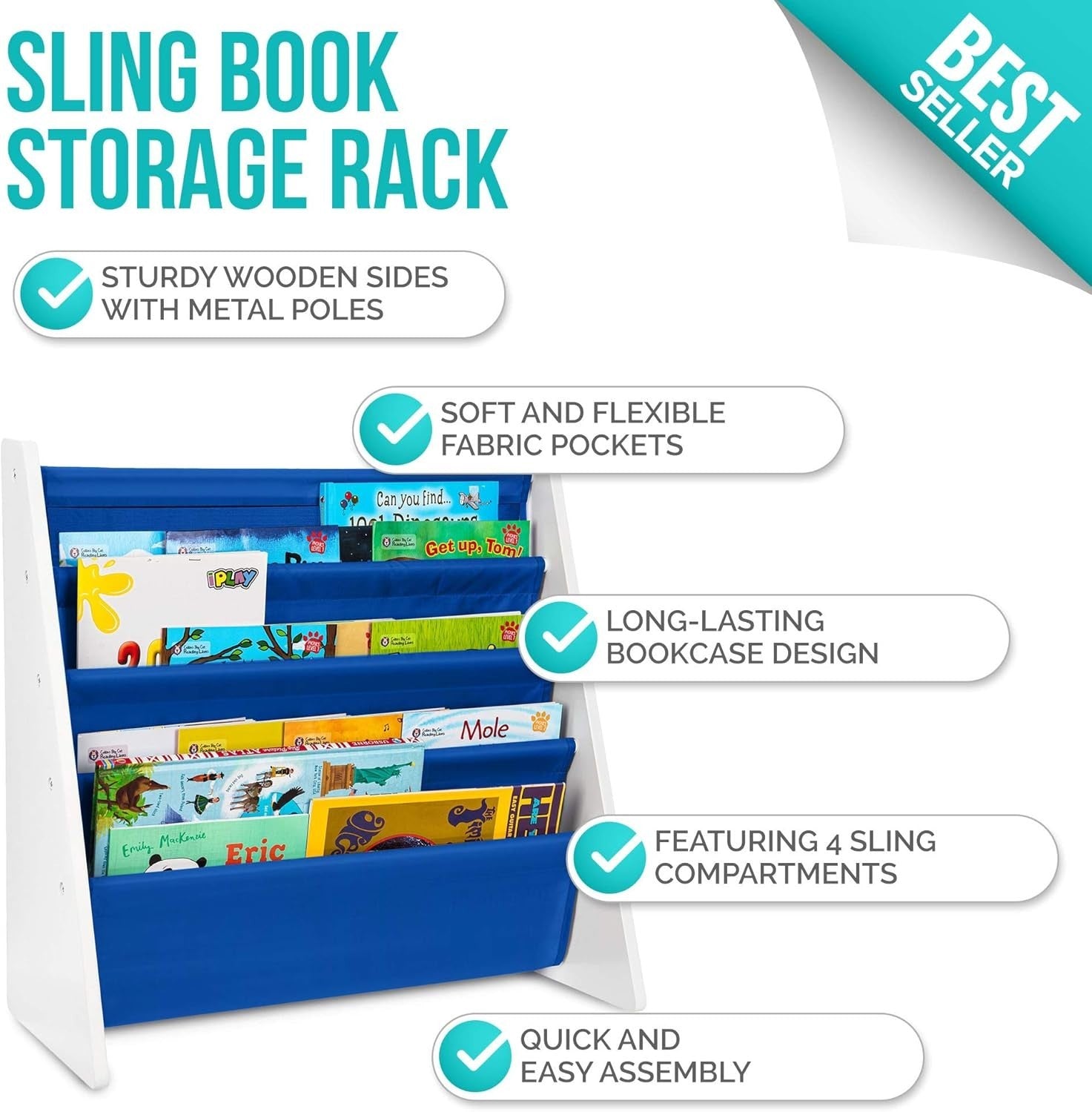 Kids Blue Sling Bookshelf – 4-Tier Wooden Book Storage with Nylon Fabric Shelves