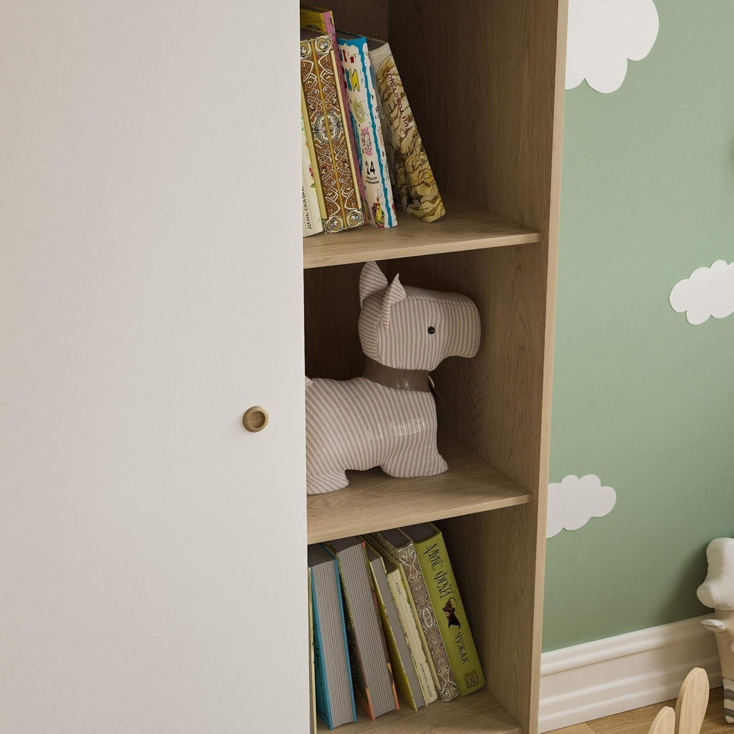 Children’s Wardrobe with Shelves & Rail, White Oak Kids Storage Cabinet