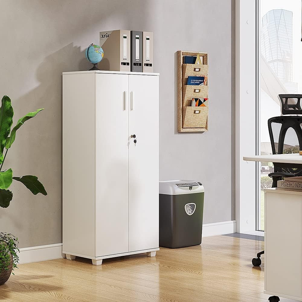 2 Door Lockable White Storage Cabinet Cupboard Office Filing Unit Shelves