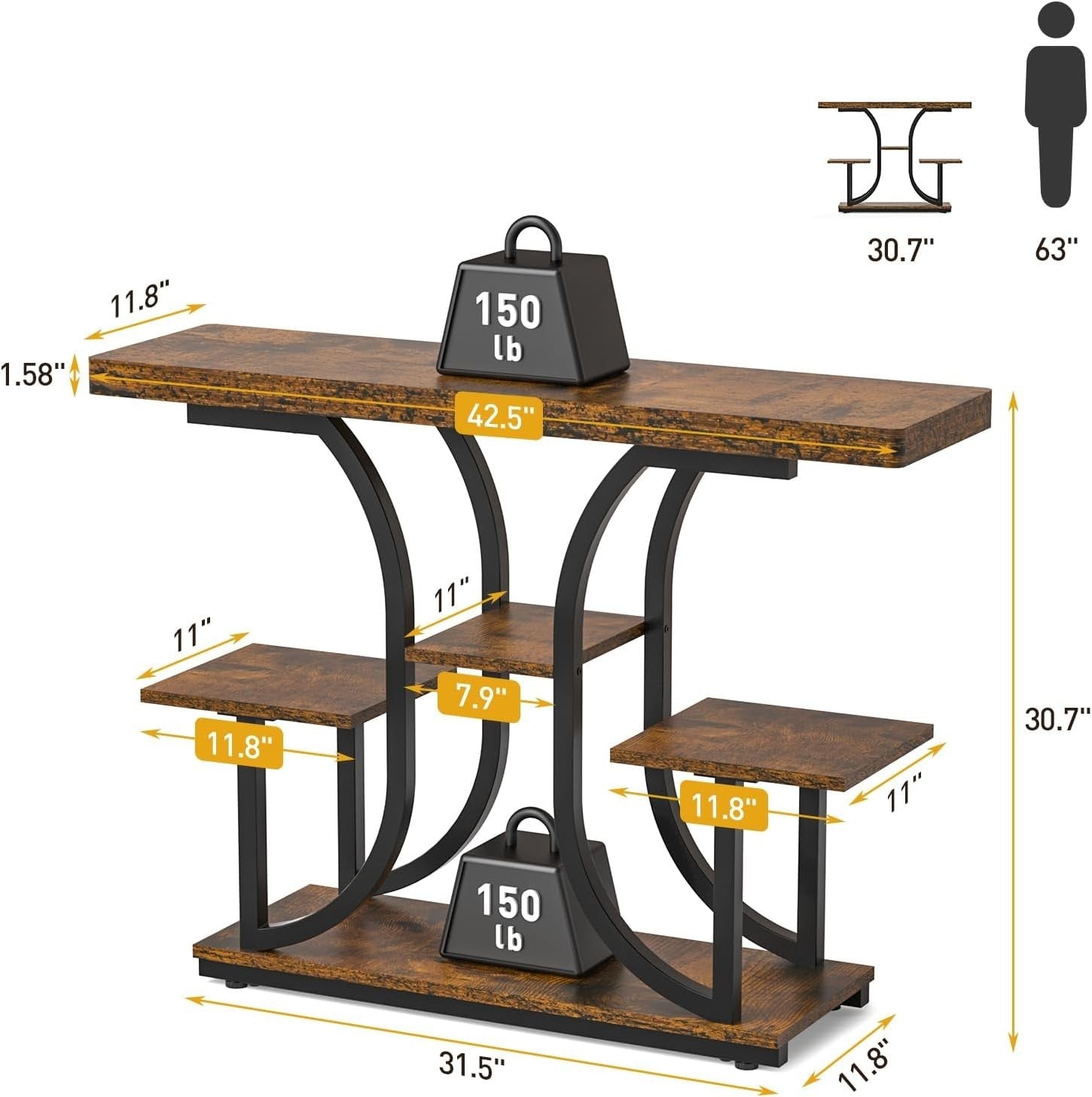 Slim Industrial Console Table with 4 Tiers & Curved Metal Frame