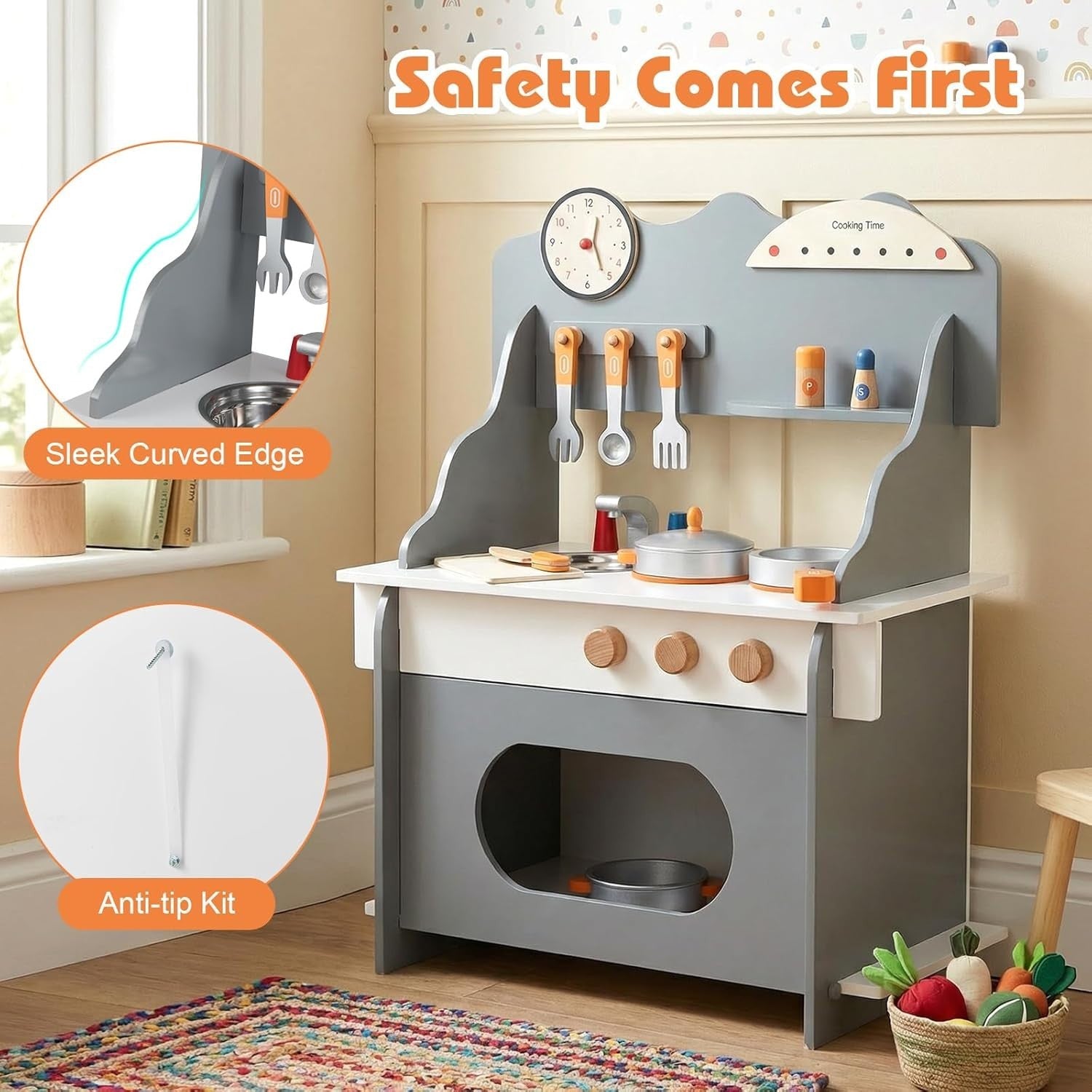 Wooden Kids Play Kitchen Grey Toy Set Stove Sink Oven Accessories