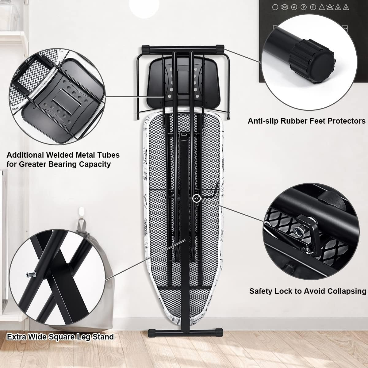 Extra Large Ironing Board 122x43cm Adjustable Height Steam Rest Black
