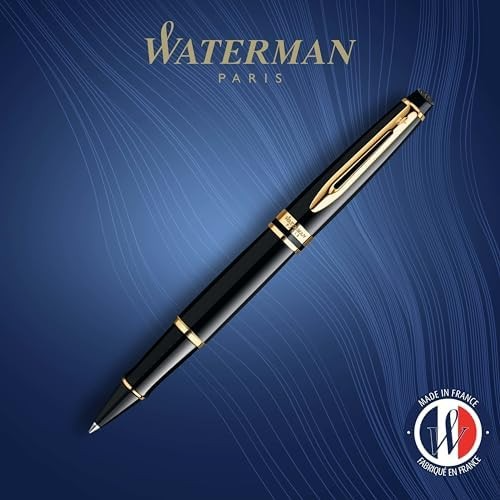 Luxury Rollerball Pen Gloss Black Gold Trim Fine Nib Gift